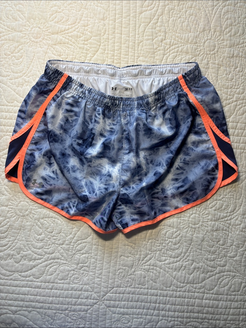Under Armour Women's Blue Tie-Dye Shorts with Coral Trim